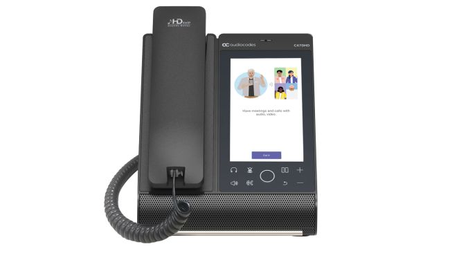 Audiocodes C470HD Microsoft Teams IP desk phone, front view with touchscreen and handset