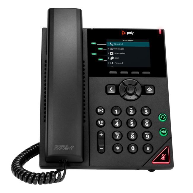 HP Poly VVX 250 4-line IP desk phone front view with colour display and handset