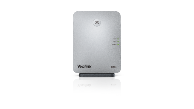 Yealink RT30 DECT repeater front view with stand and status LEDs