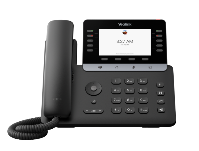 Yealink MP55 E2 Microsoft Teams IP desk phone, front view with handset and 4.3-inch screen