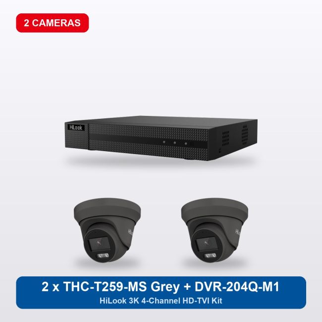 HiLook DVR-204Q-M1 4Ch Kit with 2 x THC-T259-MS Grey Turret Cameras