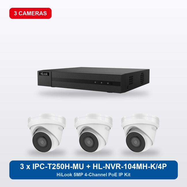 HiLook HL-NVR-104MH-K/4P 4Ch IP Kit with 3 x IPC-T250H-MU Cameras