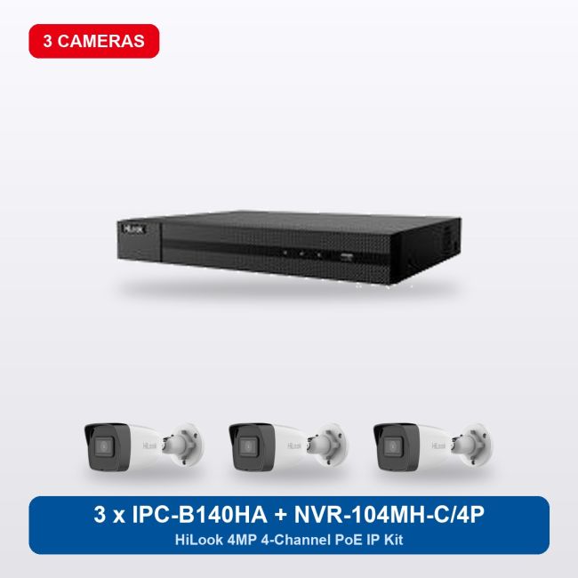 HiLook NVR-104MH-C/4P 4Ch IP Kit with 3 x IPC-B140HA Cameras