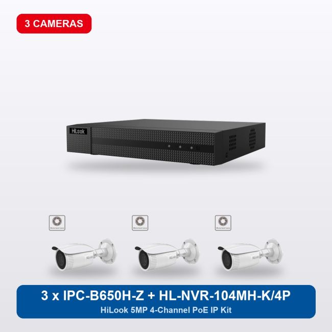 HiLook HL-NVR-104MH-K/4P 4Ch IP Kit with 3 x IPC-B650H-Z Cameras