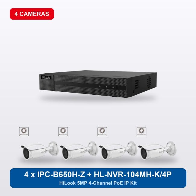 HiLook HL-NVR-104MH-K/4P 4Ch IP Kit with 4 x IPC-B650H-Z Cameras