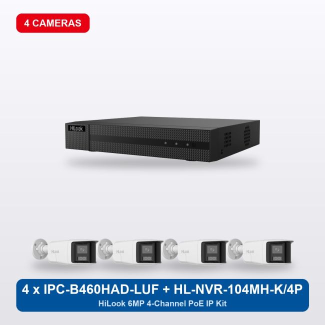 HiLook HL-NVR-104MH-K/4P 4Ch IP Kit with 4 x IPC-B460HAD-LUF/SL Cameras