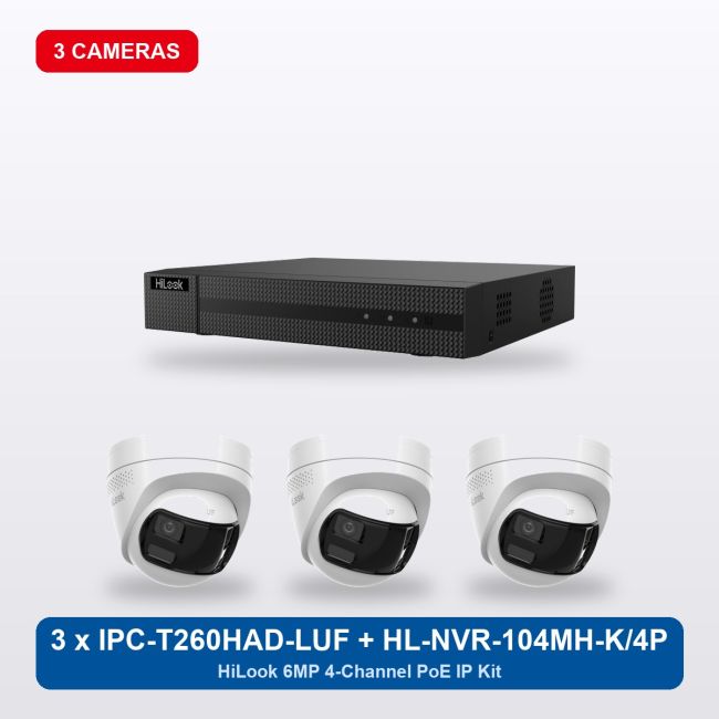 HiLook HL-NVR-104MH-K/4P 4Ch IP Kit with 3 x IPC-T260HAD-LUF/SL Cameras