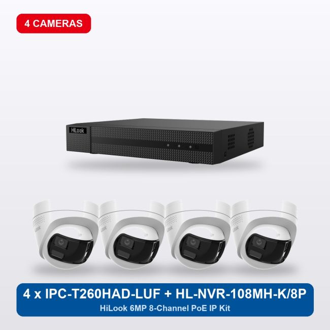 HiLook HL-NVR-108MH-K/8P 8Ch IP Kit with 4 x IPC-T260HAD-LUF/SL Cameras