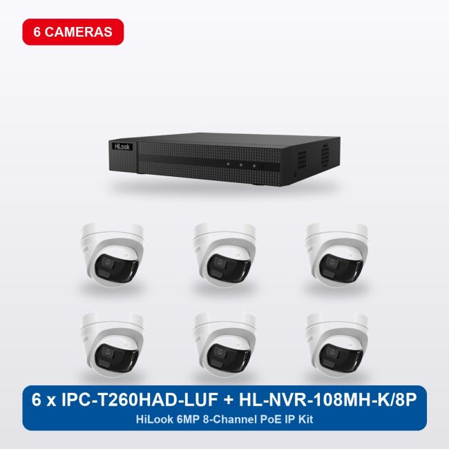 HiLook HL-NVR-108MH-K/8P 8Ch IP Kit with 6 x IPC-T260HAD-LUF/SL Cameras