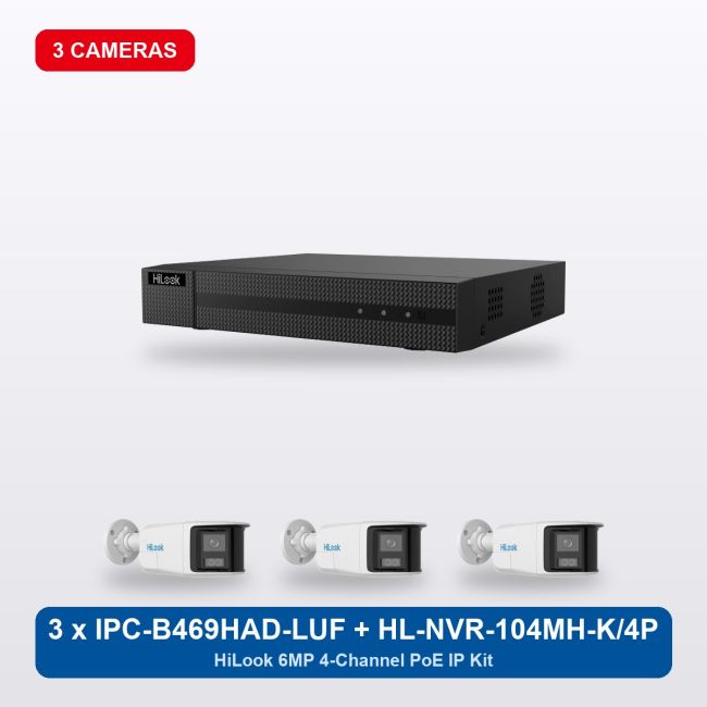 HiLook HL-NVR-104MH-K/4P 4Ch IP Kit with 3 x IPC-B469HAD-LUF/SL Cameras