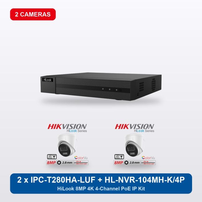 HiLook HL-NVR-104MH-K/4P 4Ch IP Kit with 2 x IPC-T280HA-LUF/SL Cameras