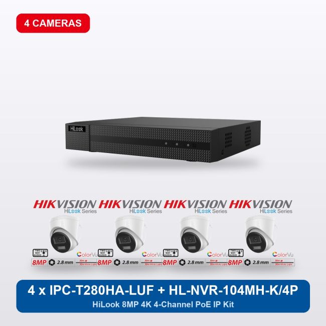 HiLook HL-NVR-104MH-K/4P 4Ch IP Kit with 4 x IPC-T280HA-LUF/SL Cameras