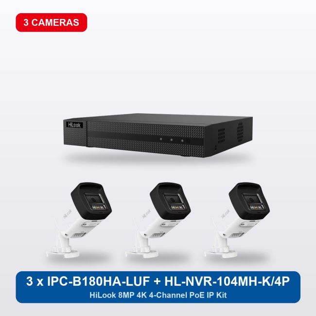 HiLook HL-NVR-104MH-K/4P 4Ch IP Kit with 3 x IPC-B180HA-LUF/SL Cameras
