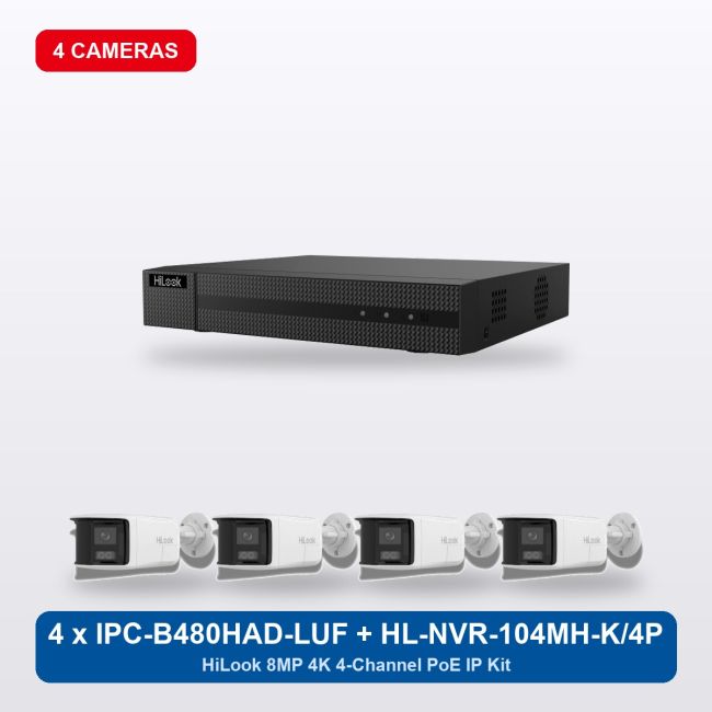HiLook HL-NVR-104MH-K/4P 4Ch IP Kit with 4 x IPC-B480HAD-LUF/SL Cameras