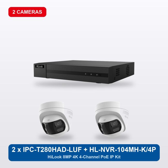 HiLook HL-NVR-104MH-K/4P 4Ch IP Kit with 2 x IPC-T280HAD-LUF/SL Cameras