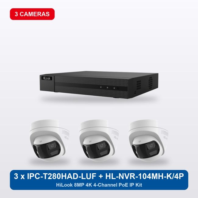 HiLook HL-NVR-104MH-K/4P 4Ch IP Kit with 3 x IPC-T280HAD-LUF/SL Cameras