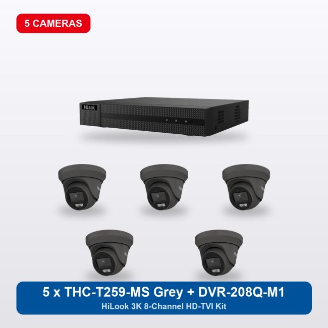 HiLook DVR-208Q-M1 8Ch Kit with 5 x THC-T259-MS Grey Turret Cameras