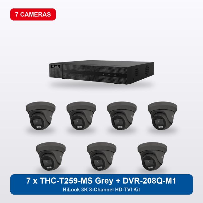 HiLook DVR-208Q-M1 8Ch Kit with 7 x THC-T259-MS Grey Turret Cameras