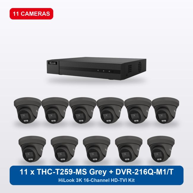 HiLook DVR-216Q-M1/T 16Ch Kit with 11 x THC-T259-MS Grey Turret Cameras
