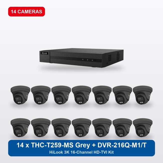 HiLook DVR-216Q-M1/T 16Ch Kit with 14 x THC-T259-MS Grey Turret Cameras