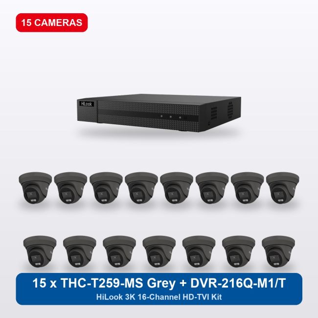 HiLook DVR-216Q-M1/T 16Ch Kit with 15 x THC-T259-MS Grey Turret Cameras