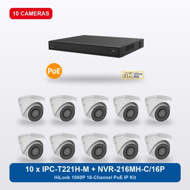 HiLook NVR-216MH-C/16P 16Ch IP Kit with 10 x IPC-T221H-M Cameras