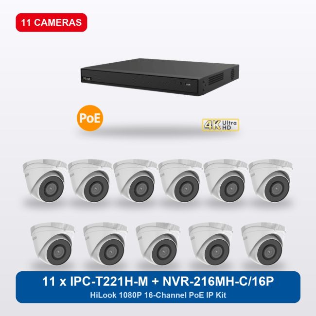 HiLook NVR-216MH-C/16P 16Ch IP Kit with 11 x IPC-T221H-M Cameras