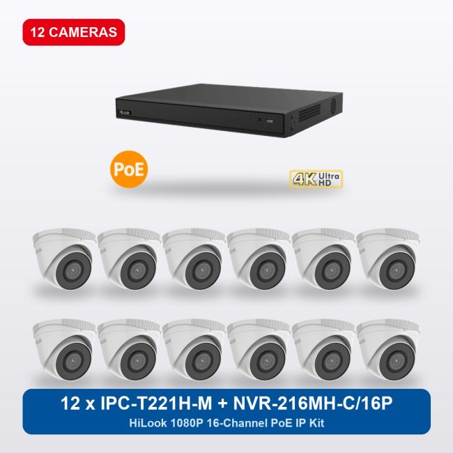 HiLook NVR-216MH-C/16P 16Ch IP Kit with 12 x IPC-T221H-M Cameras