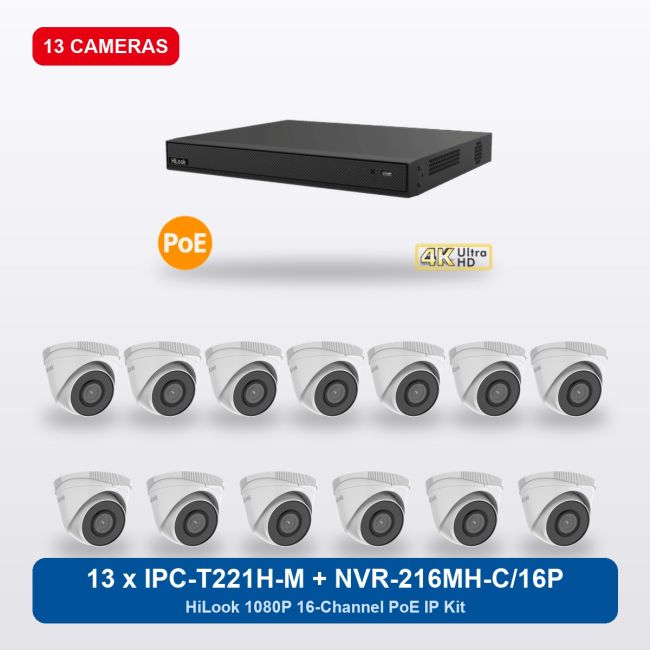 HiLook NVR-216MH-C/16P 16Ch IP Kit with 13 x IPC-T221H-M Cameras