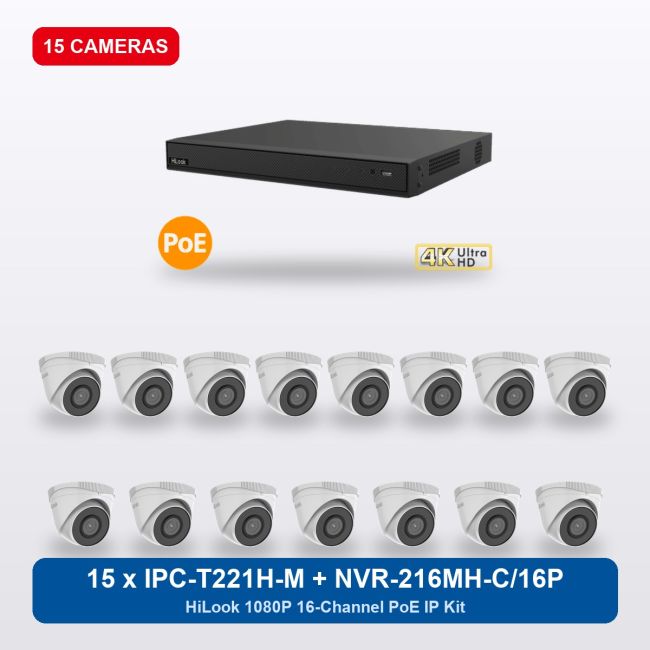HiLook NVR-216MH-C/16P 16Ch IP Kit with 15 x IPC-T221H-M Cameras