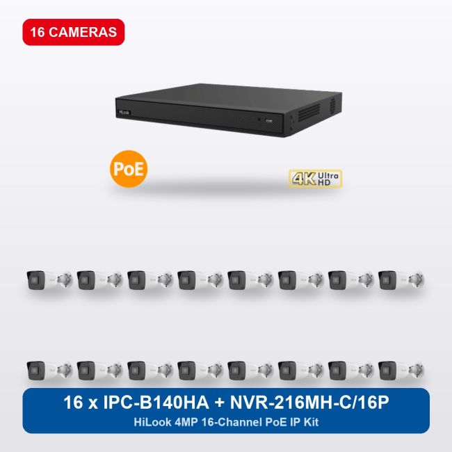 HiLook NVR-216MH-C/16P 16Ch IP Kit with 16 x IPC-B140HA Cameras