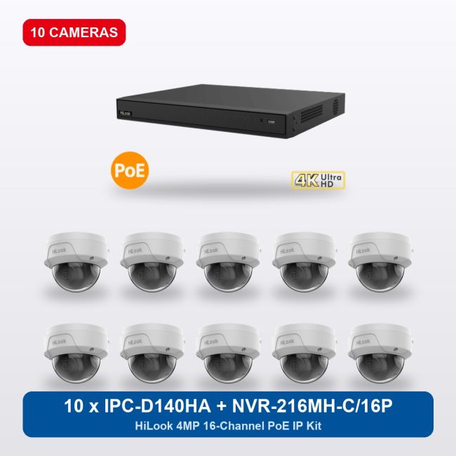 HiLook NVR-216MH-C/16P 16Ch IP Kit with 10 x IPC-D140HA Cameras