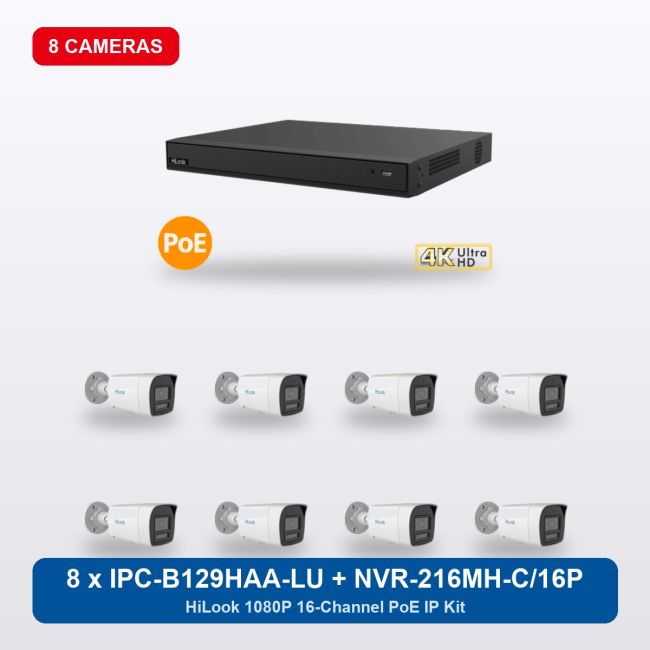 HiLook NVR-216MH-C/16P 16Ch IP Kit with 8 x IPC-B129HAA-LU Cameras
