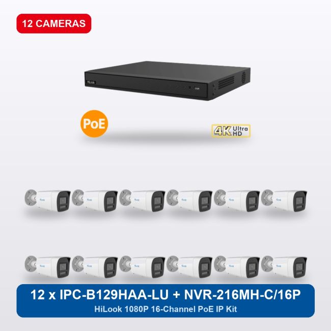 HiLook NVR-216MH-C/16P 16Ch IP Kit with 12 x IPC-B129HAA-LU Cameras