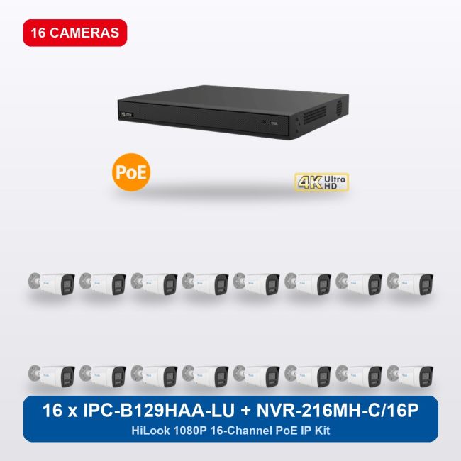HiLook NVR-216MH-C/16P 16Ch IP Kit with 16 x IPC-B129HAA-LU Cameras