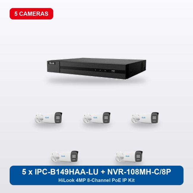 HiLook NVR-108MH-C/8P 8Ch IP Kit with 5 x IPC-B149HAA-LU Cameras