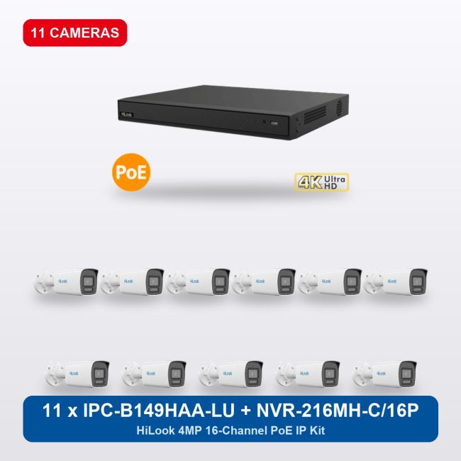 HiLook NVR-216MH-C/16P 16Ch IP Kit with 11 x IPC-B149HAA-LU Cameras