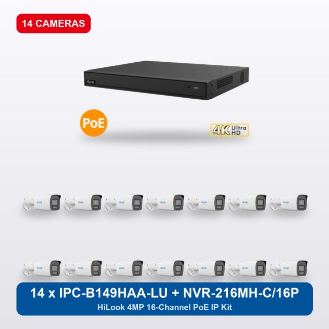 HiLook NVR-216MH-C/16P 16Ch IP Kit with 14 x IPC-B149HAA-LU Cameras