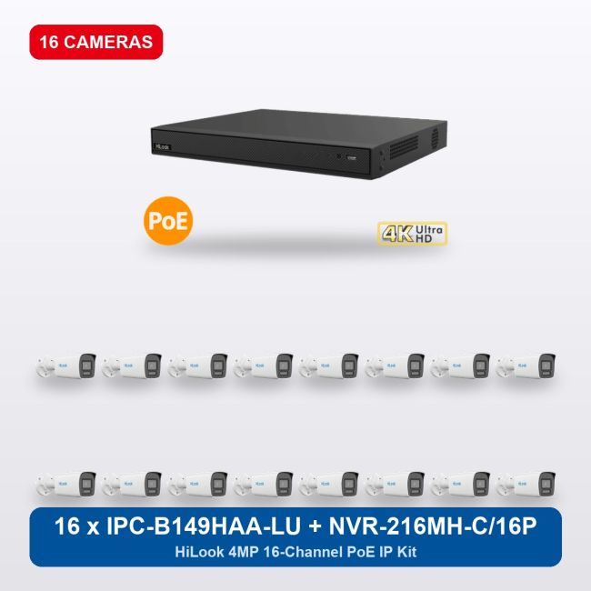 HiLook NVR-216MH-C/16P 16Ch IP Kit with 16 x IPC-B149HAA-LU Cameras