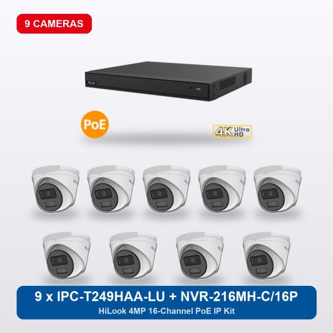 HiLook NVR-216MH-C/16P 16Ch IP Kit with 9 x IPC-T249HAA-LU Cameras