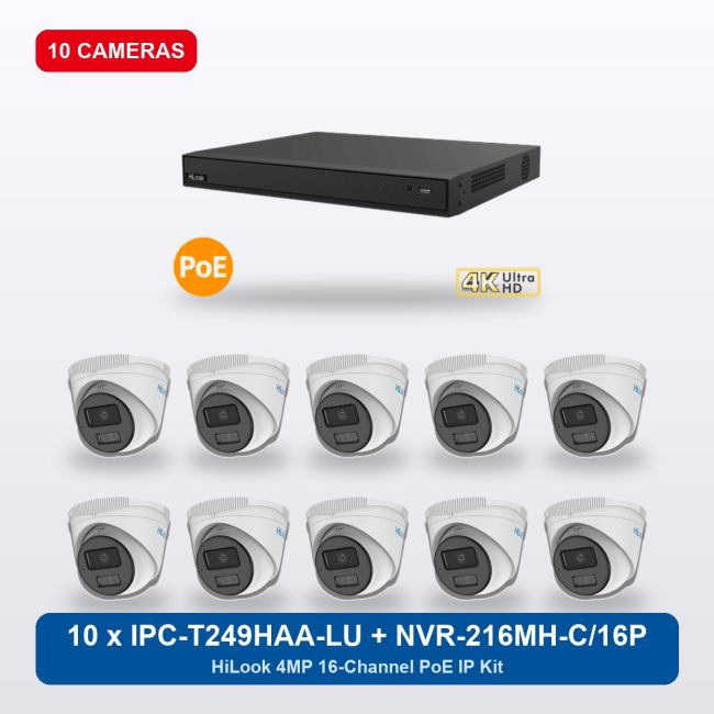 HiLook NVR-216MH-C/16P 16Ch IP Kit with 10 x IPC-T249HAA-LU Cameras