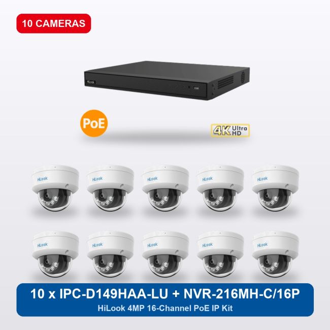 HiLook NVR-216MH-C/16P 16Ch IP Kit with 10 x IPC-D149HAA-LU Cameras
