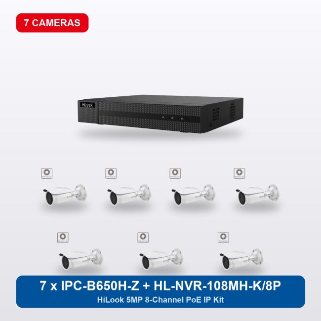 HiLook HL-NVR-108MH-K/8P 8Ch IP Kit with 7 x IPC-B650H-Z Cameras