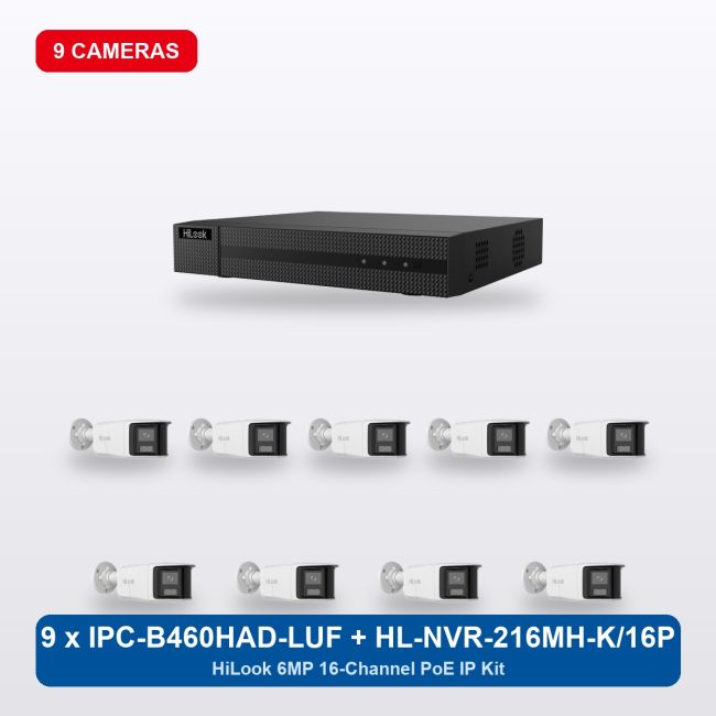 HiLook HL-NVR-216MH-K/16P 16Ch IP Kit with 9 x IPC-B460HAD-LUF/SL Cameras