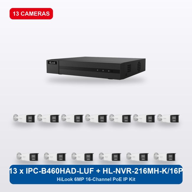 HiLook HL-NVR-216MH-K/16P 16Ch IP Kit with 13 x IPC-B460HAD-LUF/SL Cameras