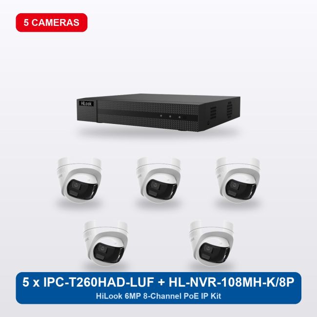 HiLook HL-NVR-108MH-K/8P 8Ch IP Kit with 5 x IPC-T260HAD-LUF/SL Cameras