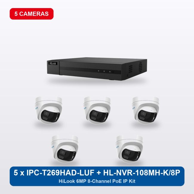 HiLook HL-NVR-108MH-K/8P 8Ch IP Kit with 5 x IPC-T269HAD-LUF/SL Cameras