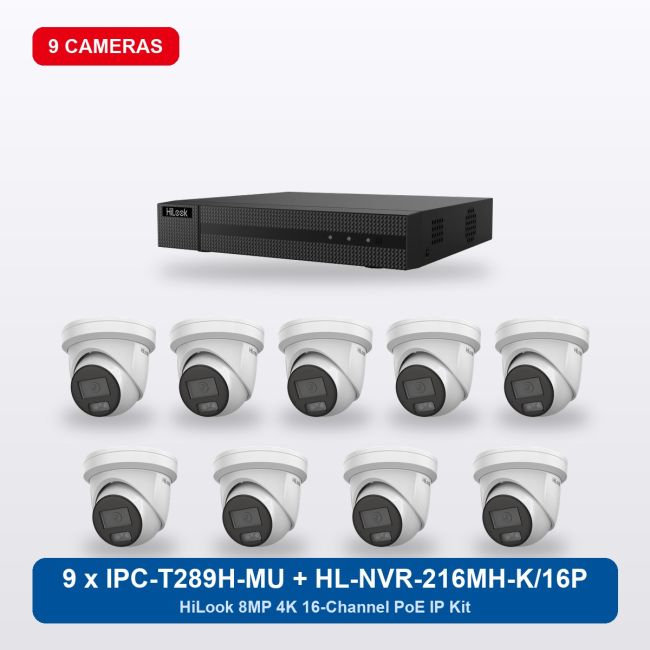 HiLook HL-NVR-216MH-K/16P 16Ch IP Kit with 9 x IPC-T289H-MU Cameras
