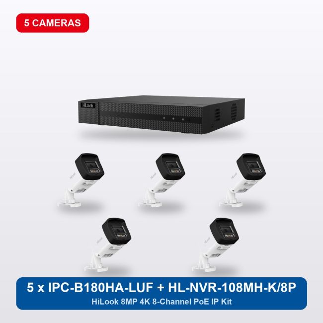 HiLook HL-NVR-108MH-K/8P 8Ch IP Kit with 5 x IPC-B180HA-LUF/SL Cameras