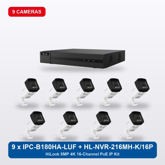 HiLook HL-NVR-216MH-K/16P 16Ch IP Kit with 9 x IPC-B180HA-LUF/SL Cameras